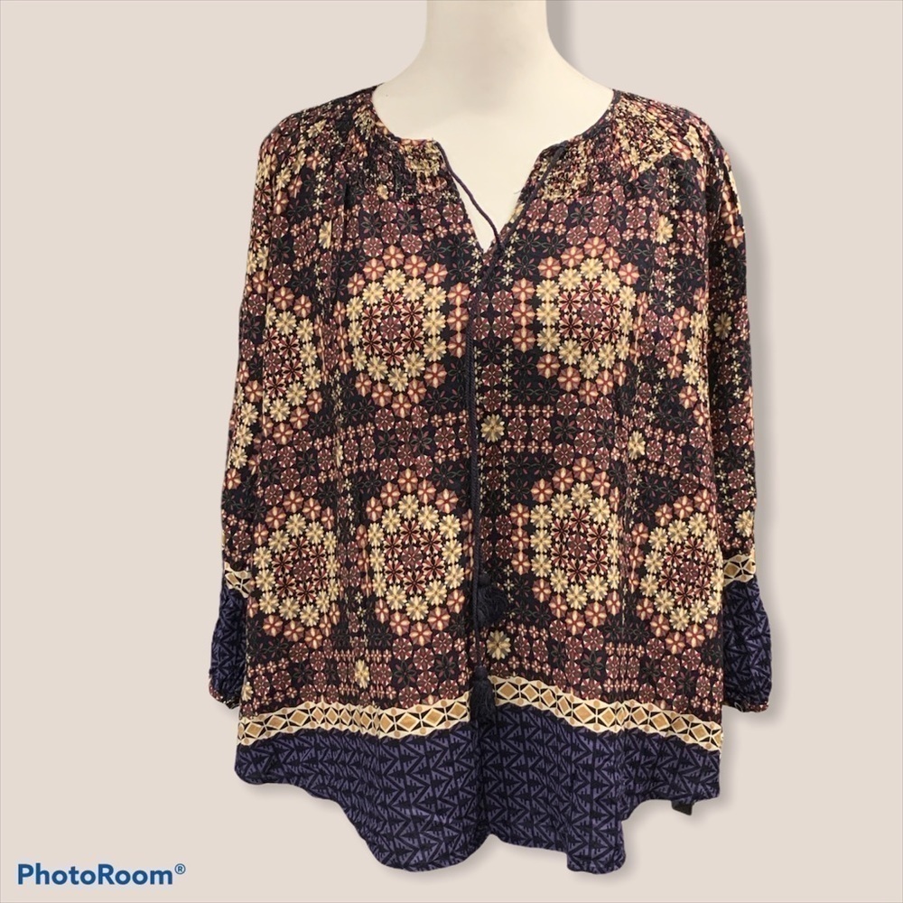 11.1 Tylho Boho Floral‎ Medallion Smocked Tassel Peasant Blouse Small T306T